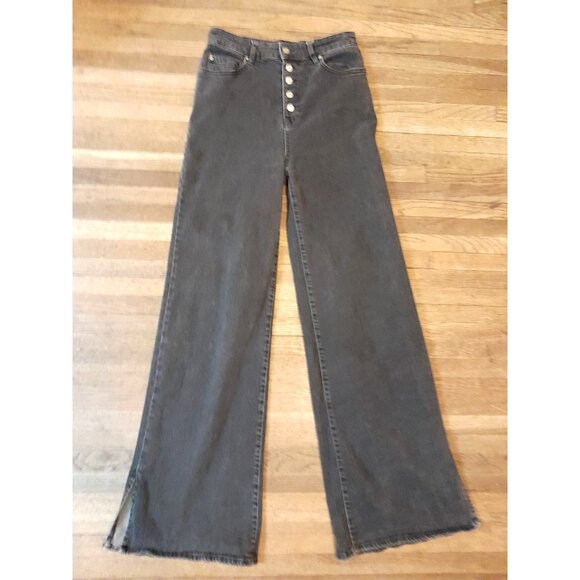 Womens High Rise Flare 70s Retro Bell Bottom Button Fly Size 7 Hippie Jeans Blk - Picture 1 of 8
